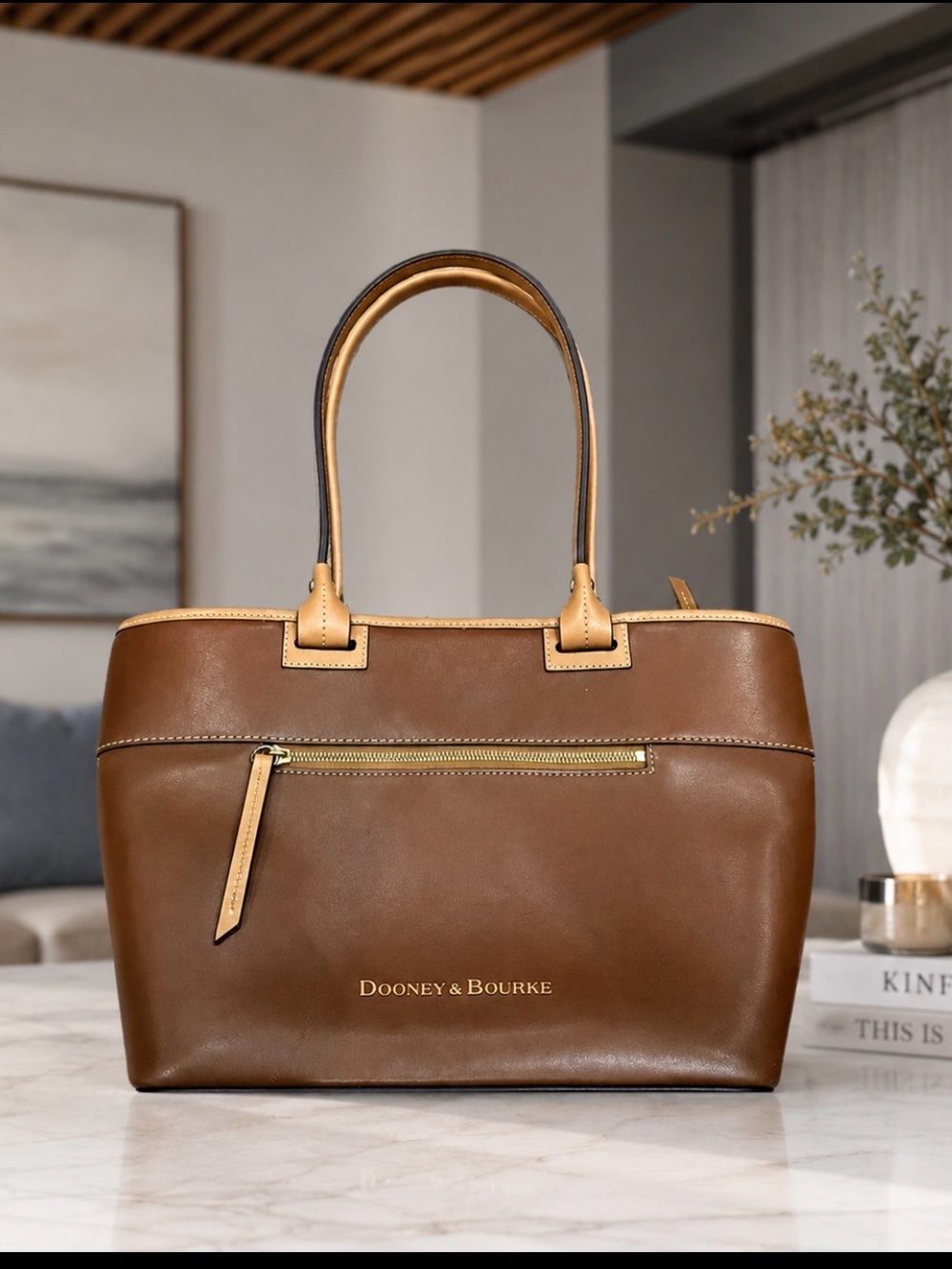 Dooney & Bourke Brown Leather Tote with Tan Handles
EUC